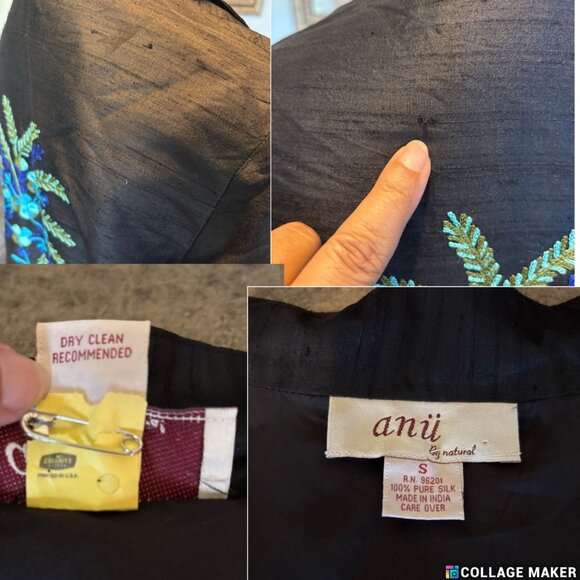 Handcrafted Black Sheer - 100% Silk Open-Front Jacket S Floral Embroidery Dressy - Picture 7 of 8